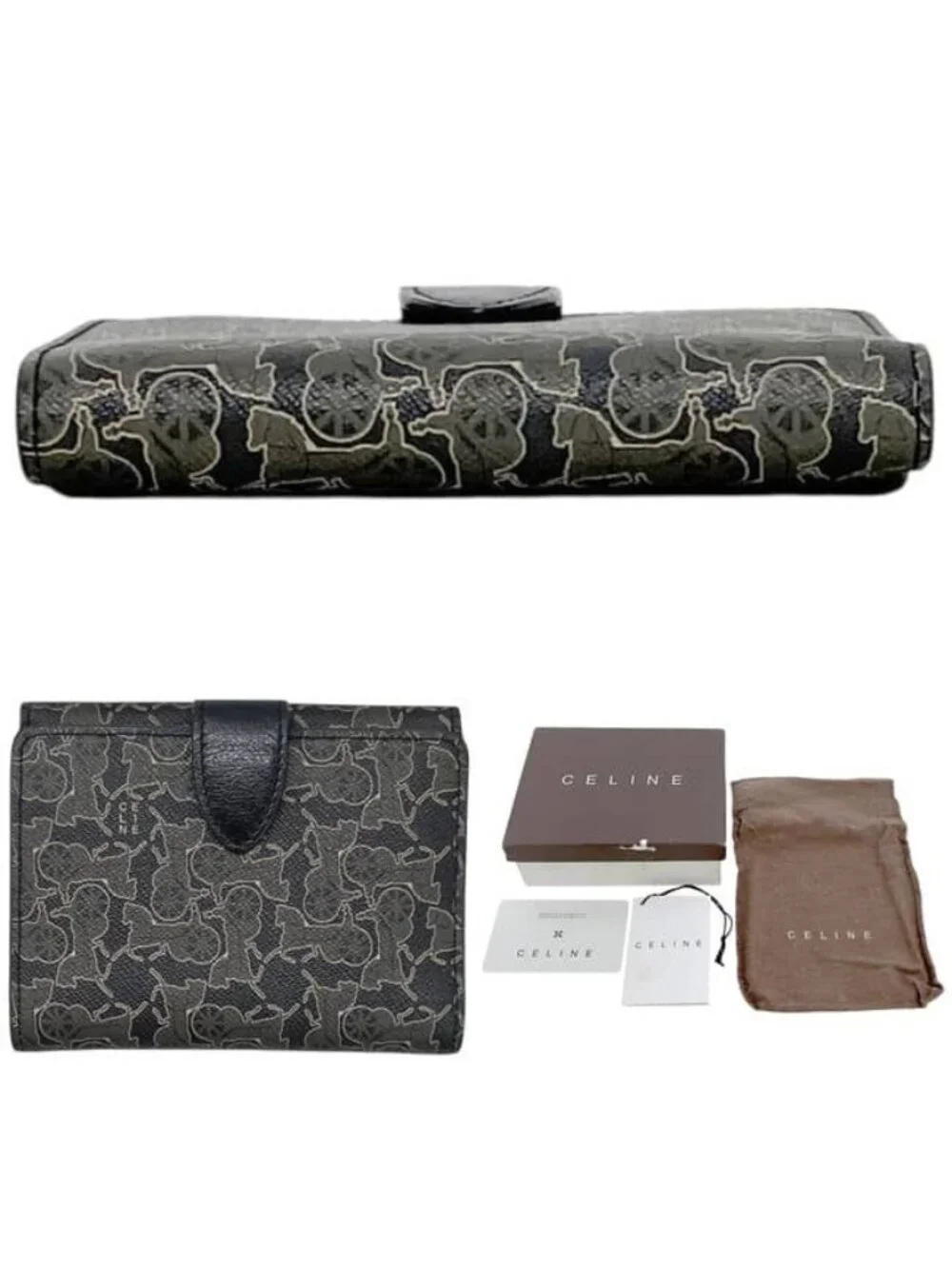 Celine Bifold Hook Wallet Gray Black Saluki Double Leather Simple